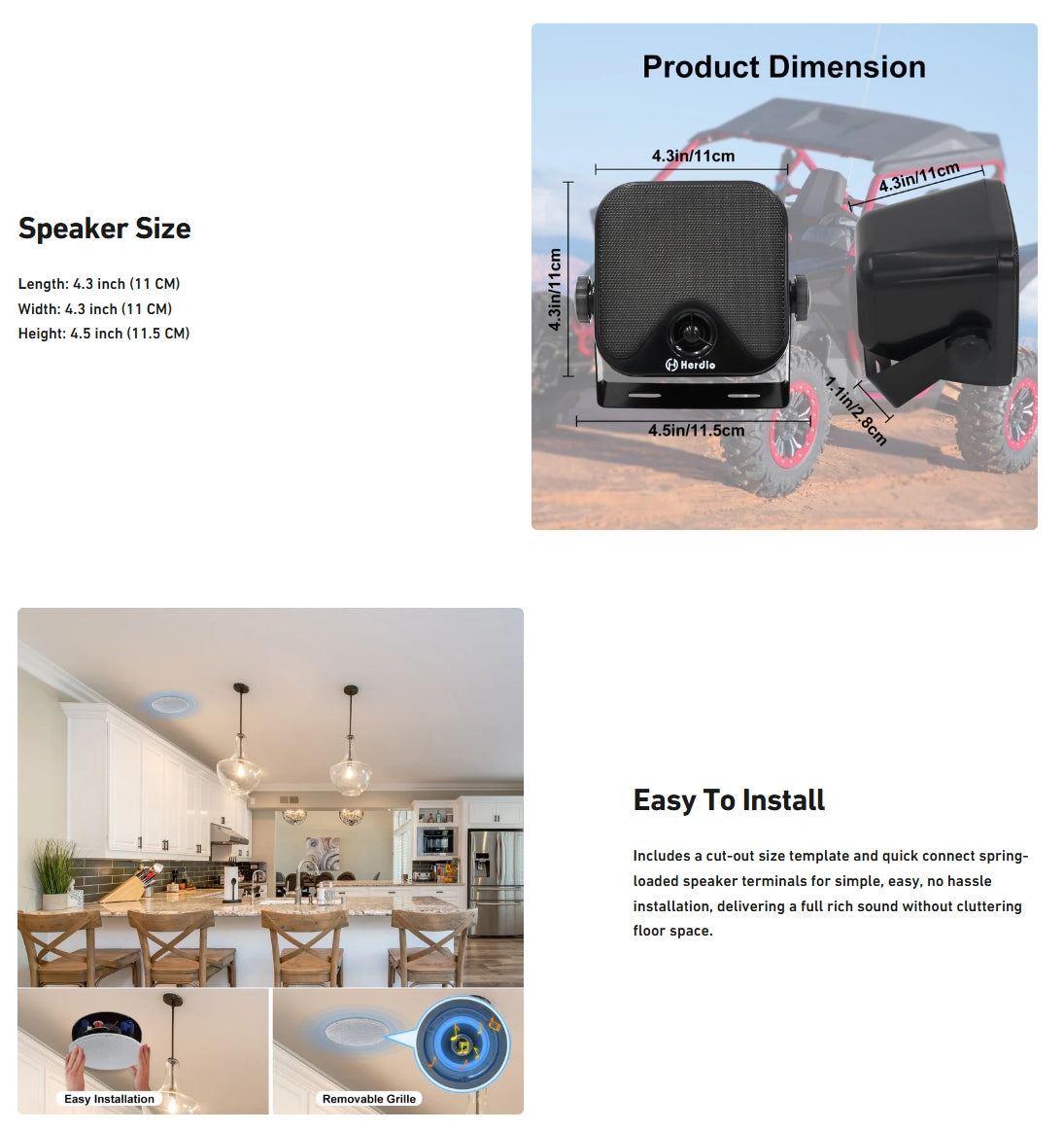 4" Bluetooth Marine Speakers 100 Watts 2-Way, crystal-clear sound for boats, RVs, golf carts