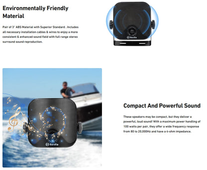 4" Bluetooth Marine Speakers 100 Watts 2-Way, crystal-clear sound for boats, RVs, golf carts