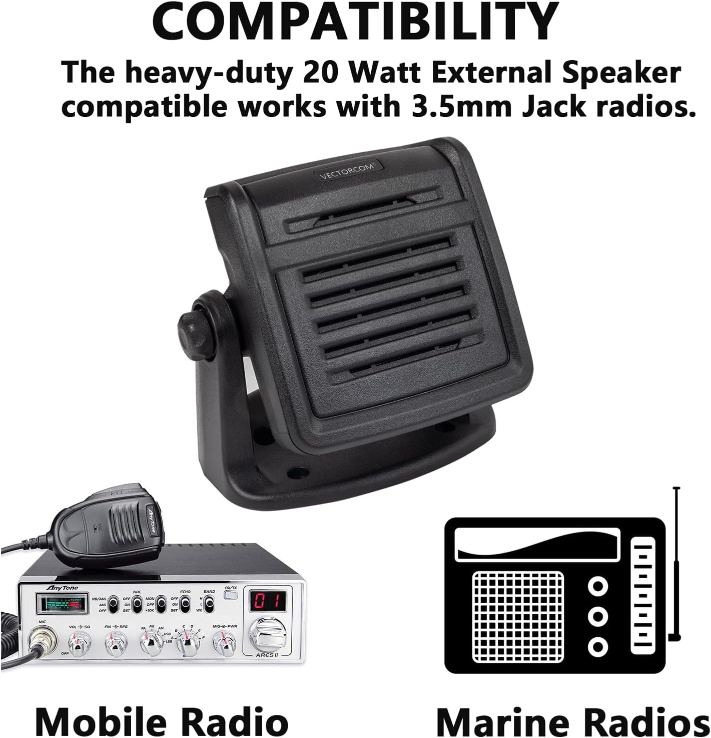 HEAVY-DUTY EXTERNAL SPEAKER 20W CRISP CLEAR SOUND compatible with Mobile radios,CB Radio,GMRS mobiles, marine radio and DMR radios