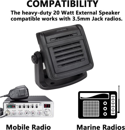 HEAVY-DUTY EXTERNAL SPEAKER 20W CRISP CLEAR SOUND compatible with Mobile radios,CB Radio,GMRS mobiles, marine radio and DMR radios
