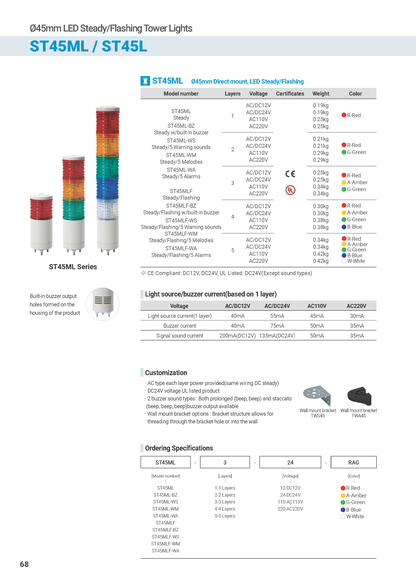 Signal Tower Lights ST Series ST45L Ø45mm Pole Mount Type LED Steady/Flashing Tower Lights Max.90dB